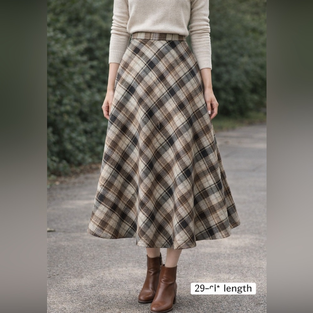 Vintage Plaid A-Line Midi Skirt | Wool Blend | 26” | Fall Cottagecore Classic
